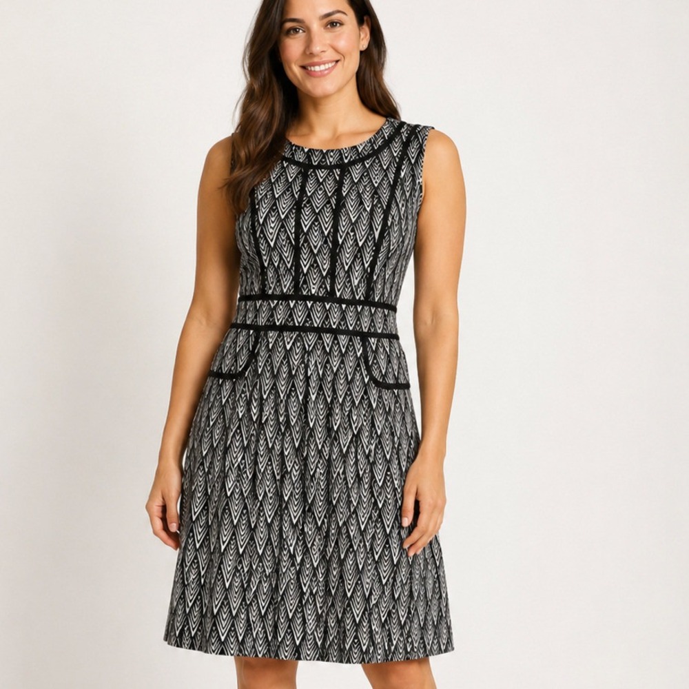 Black White Geometric‎ Chevron Sleeveless A-Line Dress Estimated Size M